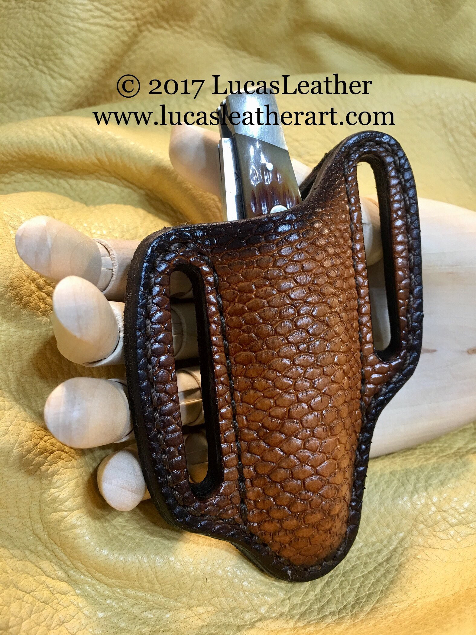 Genuine Beaver Tail and Leather Pancake Holster Style Pocket Knife Sheath