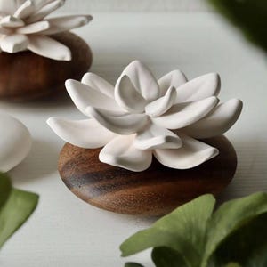 May include: Two white ceramic flower diffuser ornaments on wooden bases. The flowers are in a lotus shape with multiple petals. The bases are dark brown wood.
