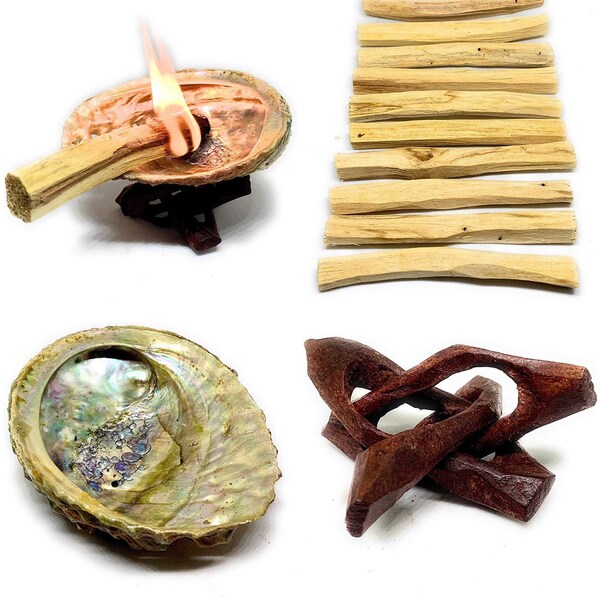 Palo Santo Pack of 10 Abalone Shell 3-4"L,Wooden Tripod Stand 2"