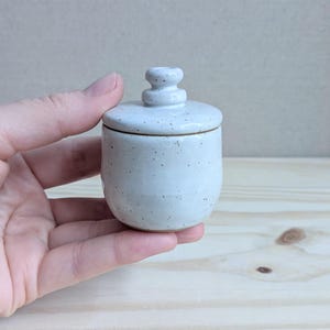 May include: A small, round, off-white ceramic jar with a speckled finish and a matching lid. The lid features a tiered, knob-like handle at the top. The jar has a smooth, glossy glaze and a simple, rounded silhouette, presenting a clean, functional design.