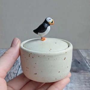 May include: A small, speckled ceramic container with a lid, topped with a detailed figurine of a puffin bird. The bird has black, white, and orange coloring. The container is held in a hand.