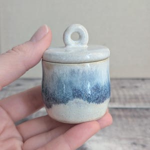 以下が含まれることがあります： 手作りの小さなセラミックジャー、蓋付き。ジャーは円筒形で、丸みを帯びた底と蓋に小さなループハンドルが付いています。釉薬は白から青の色合いに変化します。ジャーは手で持たれています。
