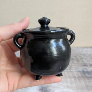 May include: A small, round, black ceramic pot with a matching lid, two side handles, and three short legs. The surface of the pot has a glossy finish, reflecting light on its curved body. The lid features a small, rounded knob handle.