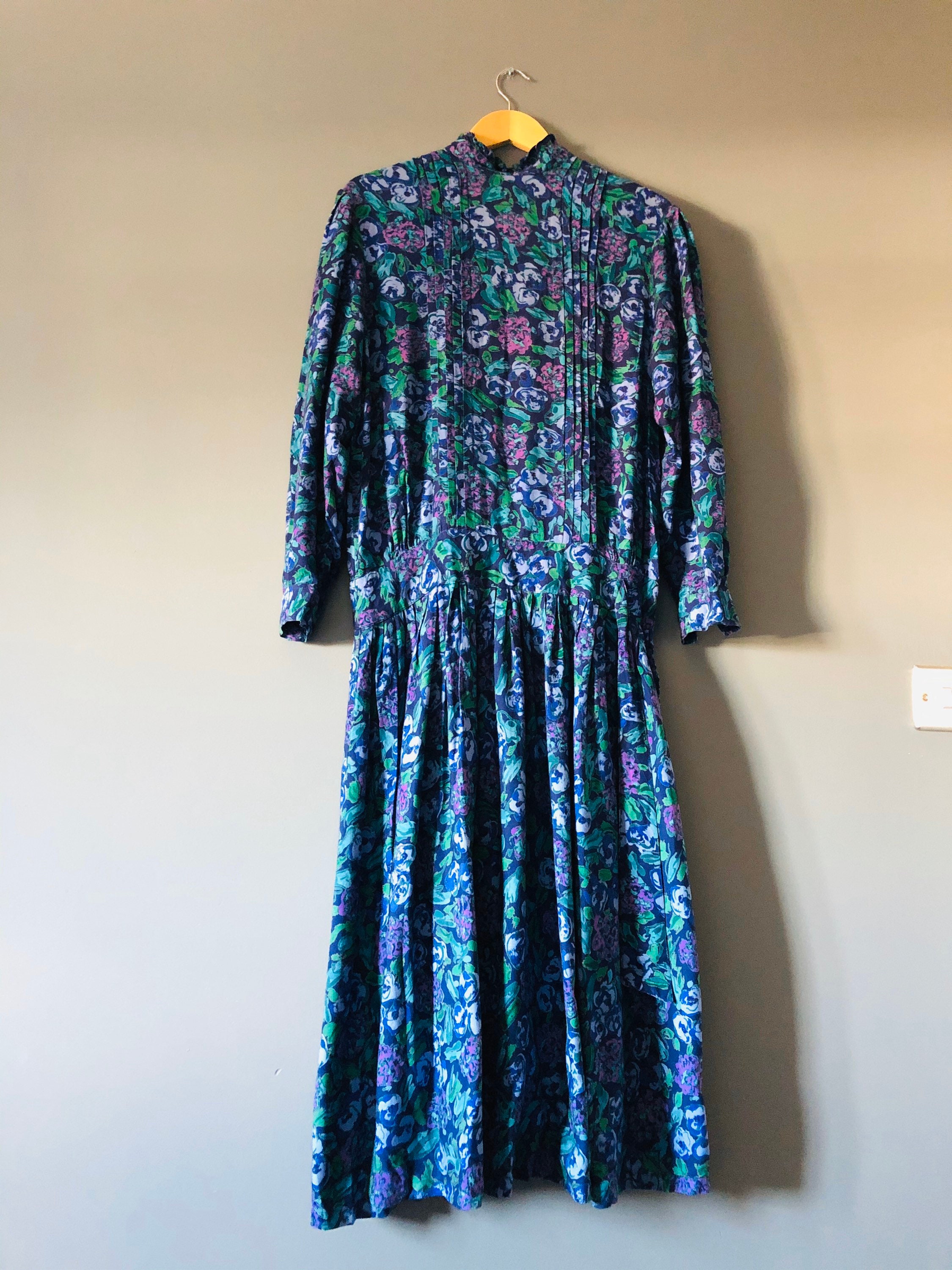 Vintage Moonson 80s Drap Dress Blue Green Purple Flowers Dress - Etsy