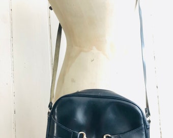 Vintage navy blue leather horse bit Gucci, Celine style crossbody bag.