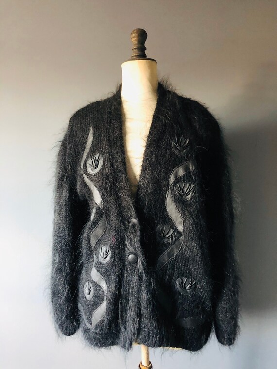Vintage 80s black mohair and leather appliqué over