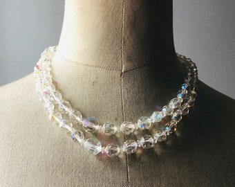 Vintage aurora borealis crystal necklace, vintage crystal beads necklace, double strands crystal beads necklace