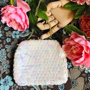 Vintage off white sequins and cream white   Glass seed beads beaded bag. Beaded party evening clutch bag, vintage clutch bag