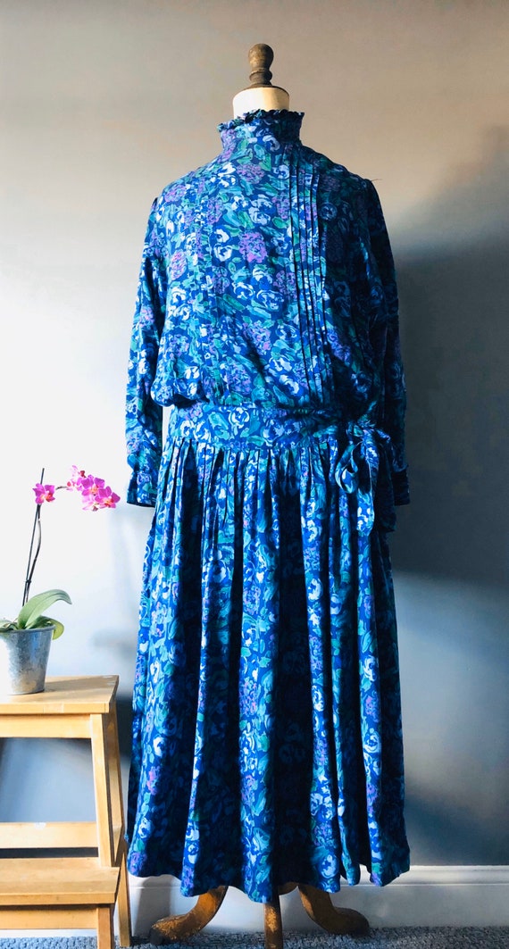 Vintage Moonson 80s Drap Dress Blue Green Purple Flowers Dress | Etsy