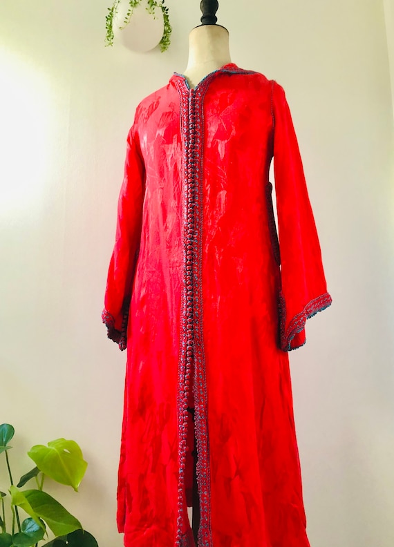 vintage red stain moroccan djellaba kaftan dress ,