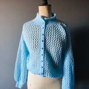 Vintage hand knitted crocheted baby blue cardigan. Size 8-10 . Vintage knitted jumper. Vintage crochet jumper cardigan