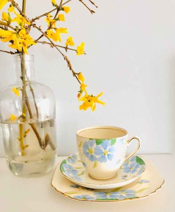 Vintage Art Deco tf&s Phoenix potter blue corn flower teacup , saucer and cake plate trio set. Vintage English teacup saucer cake plate