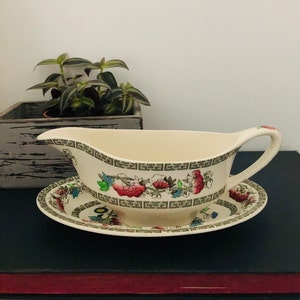 Vintage English Johnson Bros brothers Indian Three Gravy Boat made in England antique china  jug saucer