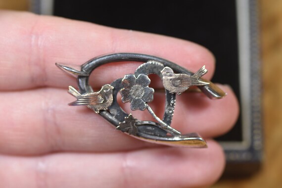 Antique Sweetheart Brooch Wishbone & Two Birds Ae… - image 1