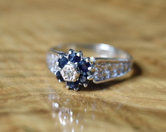 Vintage 70s Silver Diamond and Sapphire Cluster Ring