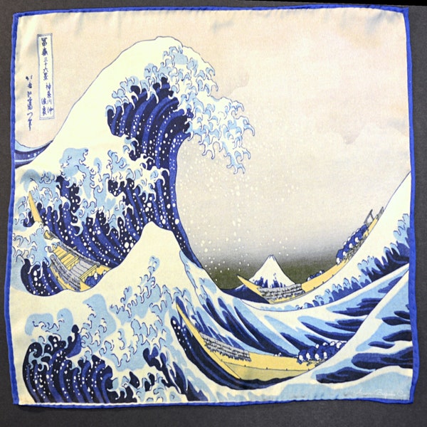 The Great Wave Off Kanagawa - Hokusai | Hand stitched Pocket Square | Satin Silk Handkerchief |  suit wedding