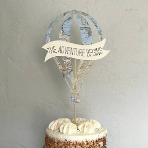 Personalized Blue Map Cake Topper, Floral Centerpiece, Vintage Cake Banner, Hot Air Balloon, The Adventure Begins, Adventure Awaits