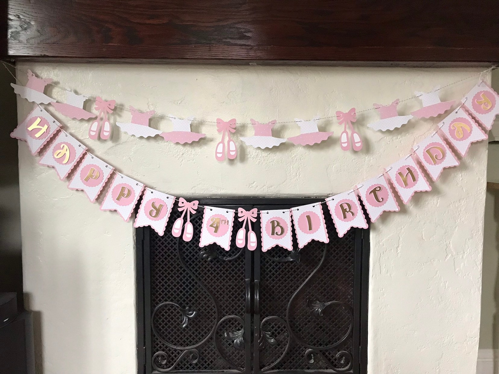 ballerina birthday banner, ballet slippers, tutu, ballerina pink and gold banner, ballet shoes, ballerina leotard, two two birth