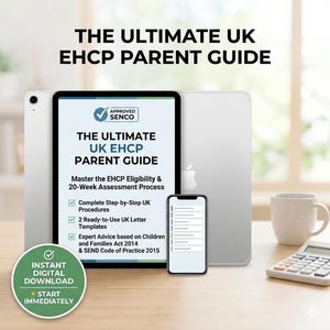 May include: A digital guide titled "THE ULTIMATE UK EHCP PARENT GUIDE" displayed on a tablet. The guide promises to help parents master the EHCP eligibility and 20-week assessment process. A smartphone, a mug, and a calculator are also visible.