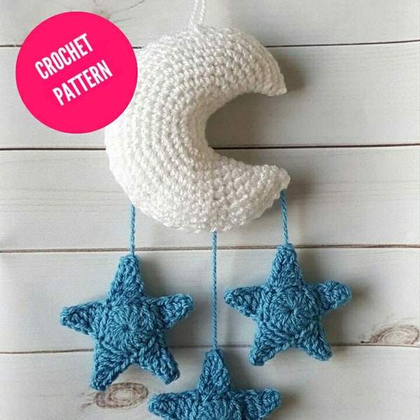 CROCHET PATTERN for the Moon and Stars Crochet Wall Hanging, Nursery, Decor, Decal, Space, Mobile, Beginner, PDF, Pattern, Newborn,