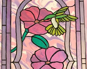 Hummingbird Stained Glass Style painted tile