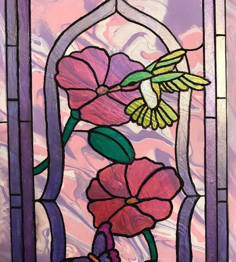Hummingbird Stained Glass Style painted tile