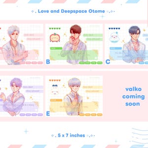 May include: A collection of five Love and Deepspace Otome character art prints, each measuring 5 x 7 inches. The prints feature anime-style characters labeled A through E, with interactive game interface elements, heart icons, and text boxes.