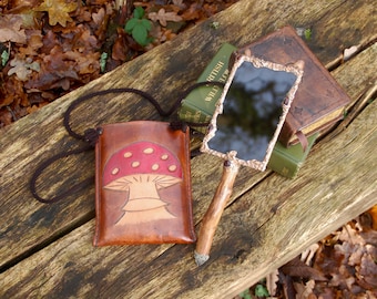 Witches Hand Held Scrying Mirror  and Leather Carrying Pouch - Gazing Mirror -  Witches Mirror with Vintage Mushroom Leather Pouch