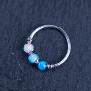Thin Small Opal Blue White Dainty Nose Hoop or Cartilage Earring 20G 22G