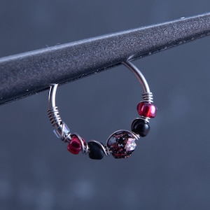 20G Raspberry Pink and Black Beaded Cartilage Conch Earring Hoop