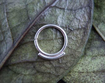 May include: A silver hoop earring with a flat, wide band. The earring is on a green leafy background.