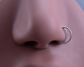 Silver Snug Crescent Moon, Dainty Nose Piercing Hoop, 20G Double Nose Ring, Nose Piercing Ring, 940 Argentium Silver