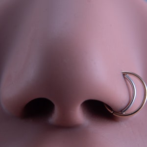 May include: A close-up of a silver nose ring with a double hoop design. The ring is worn in a person's nostril.