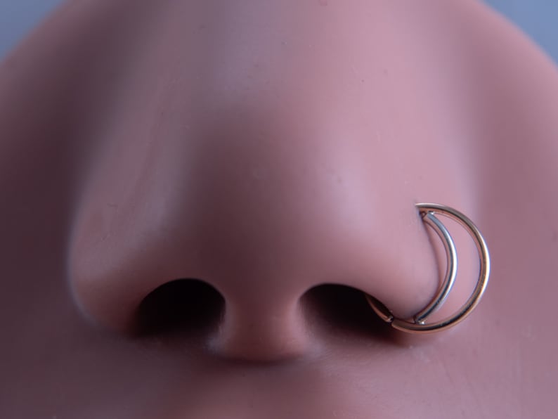 May include: A close-up of a silver nose ring with a double hoop design. The ring is worn in a person's nostril.