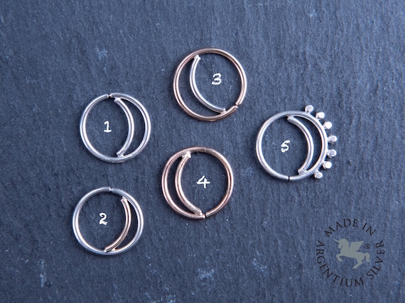 Dainty Crescent Moon Nose Ring: 940 Silver & 14kt Gold Filled Hoop
