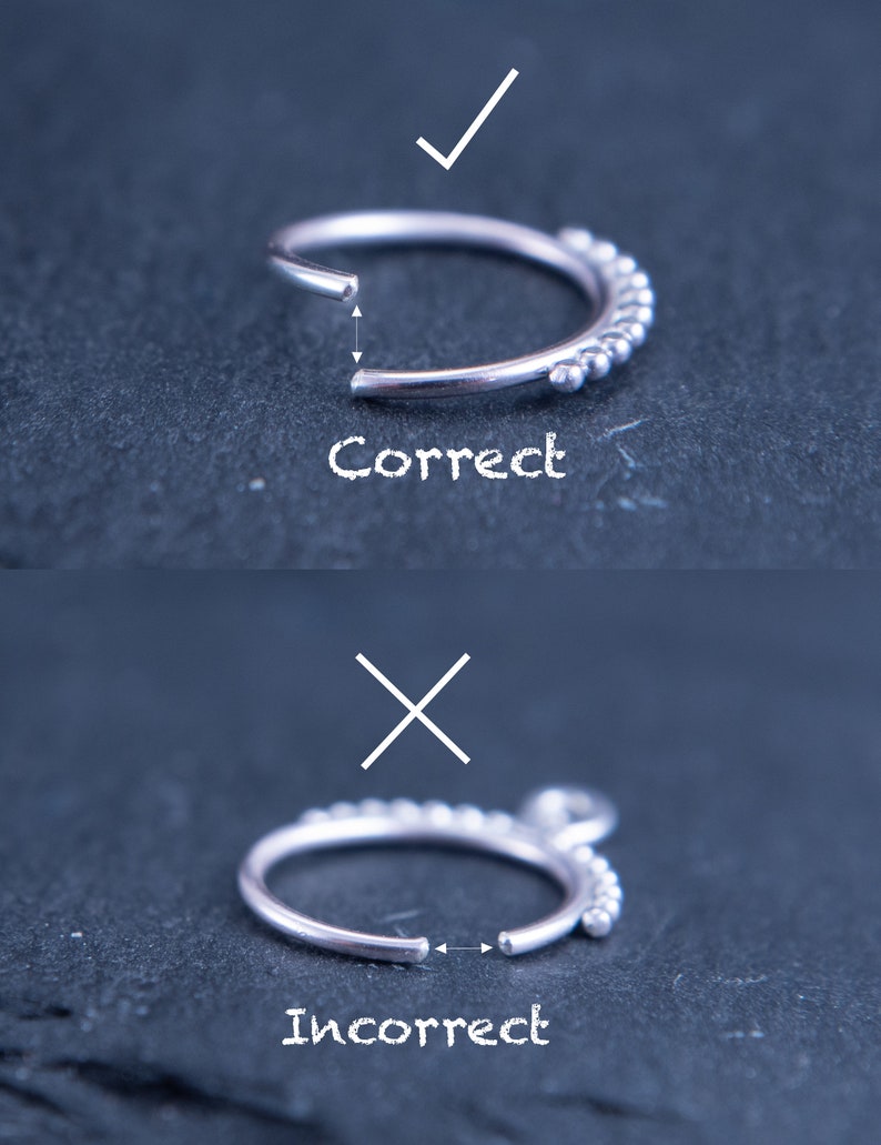 May include: A close-up of a silver nose ring with a row of small beads. The image shows the correct and incorrect way to measure the ring. The correct way is to measure the inside diameter of the ring, while the incorrect way is to measure the outside diameter.