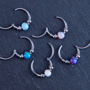 Clicker Opal Nose Ring or Cartilage Earring, 316L Stainless Steel, Implant Grade G23 Titanium 16G 18G 20G