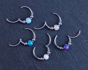 Opal Clicker Ring: 316L Stainless Steel Hinged Hoop Earring