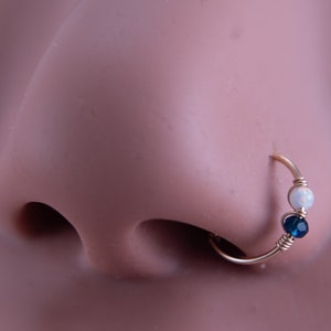 Small Opal Blue Gem Nose Hoop Cartilage Earring Tragus Hoop, Thin Helix Ring 22G