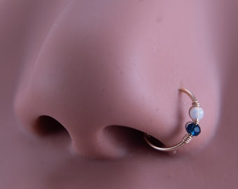 Small Opal Blue Gem Nose Hoop Cartilage Earring Tragus Hoop, Thin Helix Ring 22G