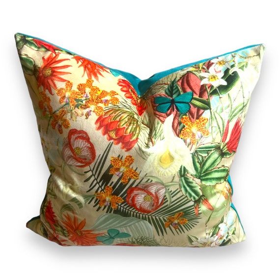 Luxurious Italian Velvet Tropical Floral Butterfly Pillow Cover - Handmade Designer Home Decor Cushion
