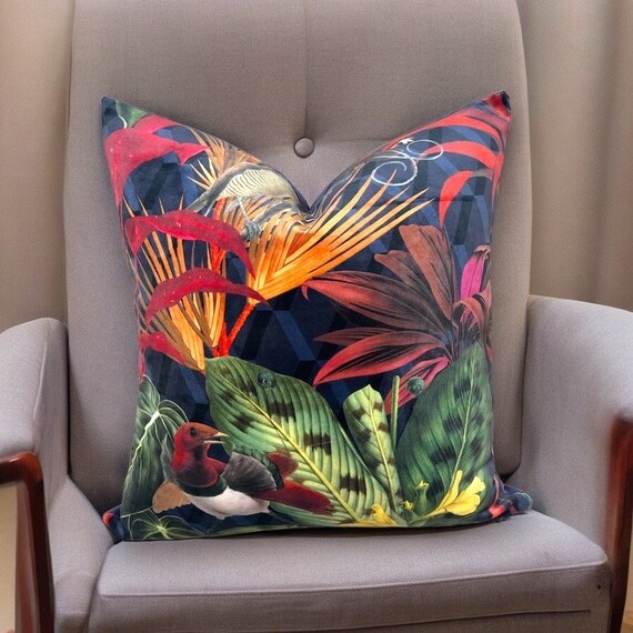 Luxurious Italian Velvet Tropical Jungle Pillow Cover - Handmade Designer Home Decor Cushion