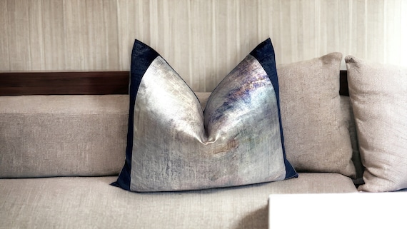 Handmade Monet Winter Skies Satin Pillow Cover - Navy Velvet