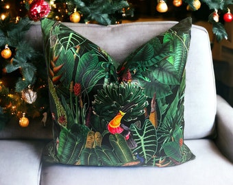 Handmade Italian Velvet Pillow Cover: Tropical Jungle Birds Design