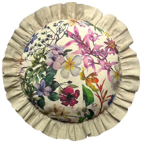 Round Ruffled Luxury Designer O. Florence LINEN Pillow Cover in Chamaerops ,Handmade  Pillow,Decorative Pillow , High End pillow,Designed