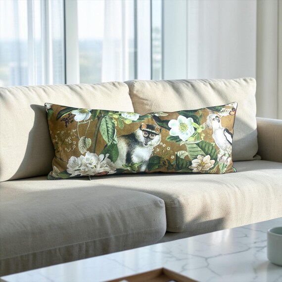 Luxury Lemur Jungle Velvet Lumbar Pillow Cover: Exotic Botanical Decor