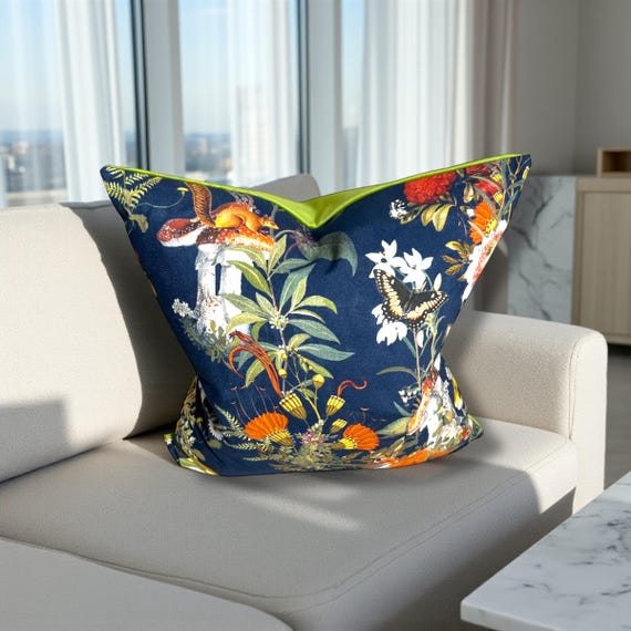 Woodland Fox Pillow Cover: Green Velvet Cushion, Handmade 17x17