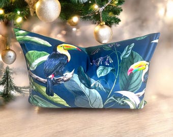 Tropical Velvet Pillow Cover – Parrot Jungle Print Cushion – Exotic Bird Throw Pillow for Sofa or Bed – Aruba Fabric 20x26 decorative