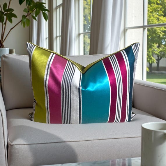 Luxury Striped Cotton Silk Pillow Cover 15x19 | Designer Accent Cushion | Velvet Back | Handmade