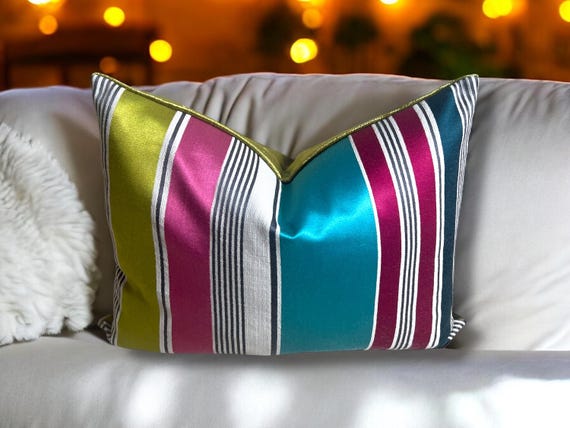 Luxurious Designer Multicolor Striped Pillow Cover – Boho Throw Pillow – Woven Decorative Cushion for Sofa, Bed, or Outdoor Seating